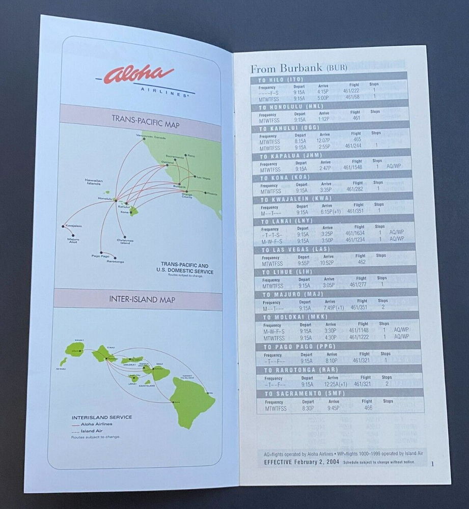 Aloha Airlines Timetable Effective February 2, 2004