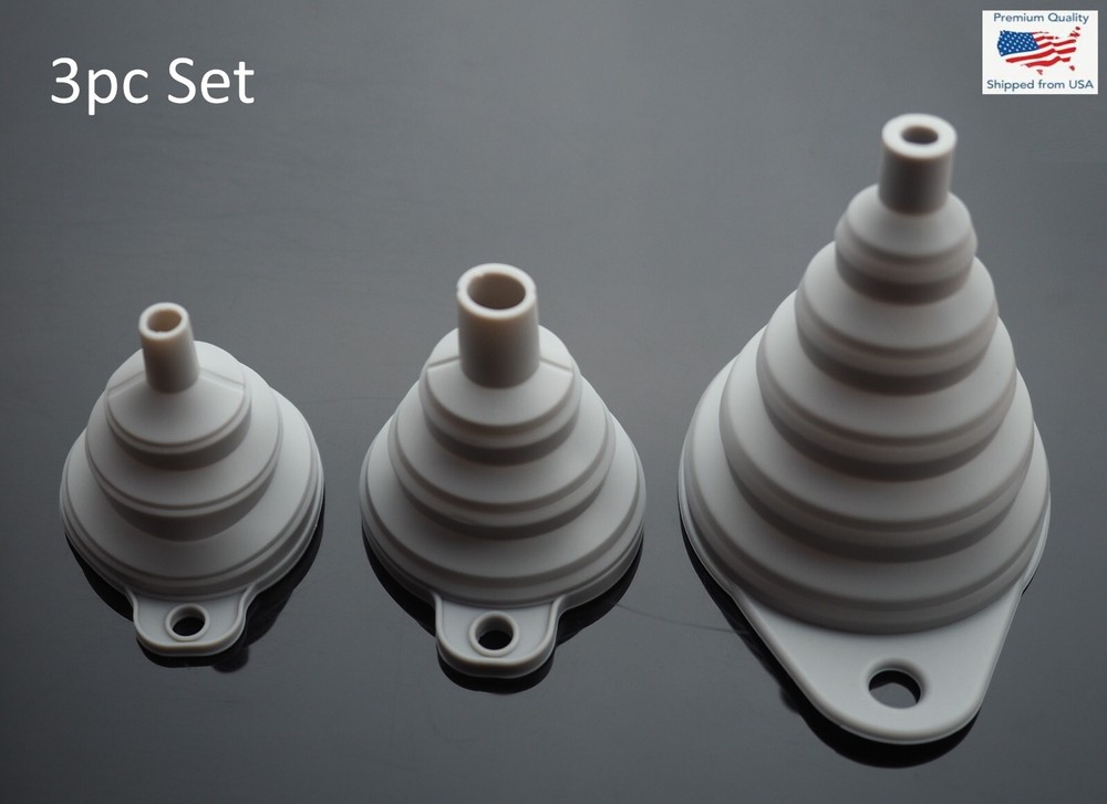 3pc Set Gray Foldable Funnel Silicone Rubber Collapsible Water Liquid Transfer