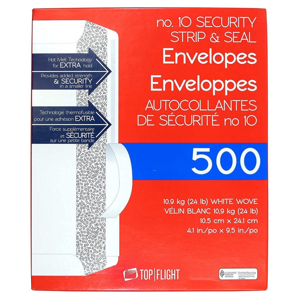 Top Flight PSTF10NWT #10 Envelopes, Strip & Seal, Security 500 Count, White