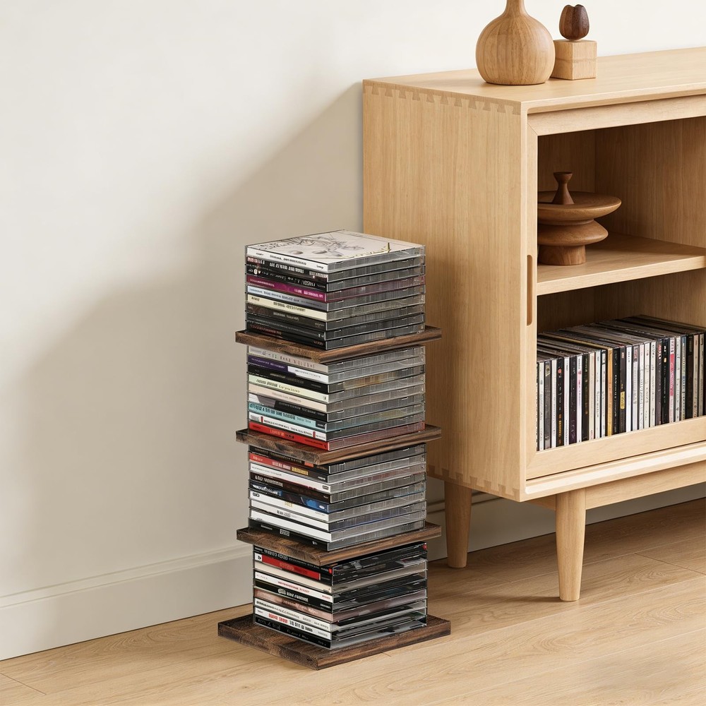 4-Tier Solid Wood & Matte Black Iron CD DVD Storage Rack & Holder with Top Ca...
