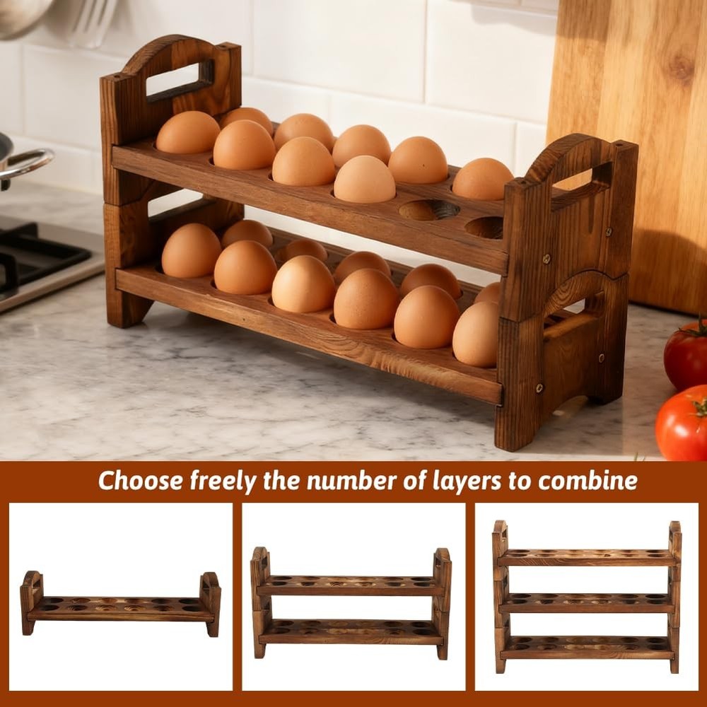 3Tier Wooden Egg Holder Countertop 36Hole Stackable Rack Fresh Eggs