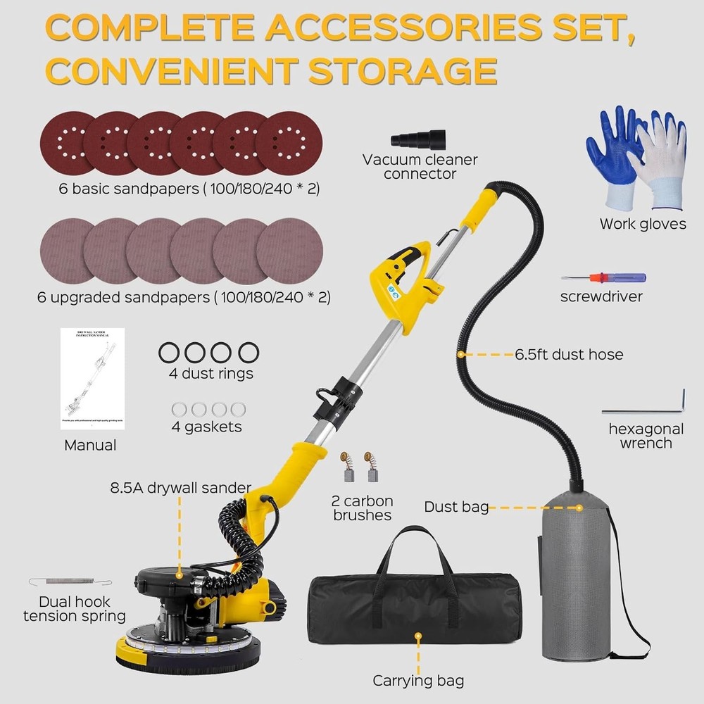 Drywall Sander Tool, 8.5 Amp Popcorn Ceiling Removal Tool with 7 Variable Spe...