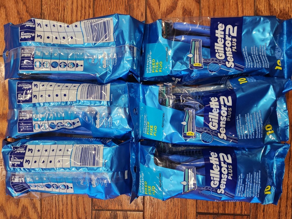 6 PACK GILLETTE SENSOR2 PLUS 10 DISPOSABLE RAZORS EACH ULTRAGRIP FIXED CHROMIUM