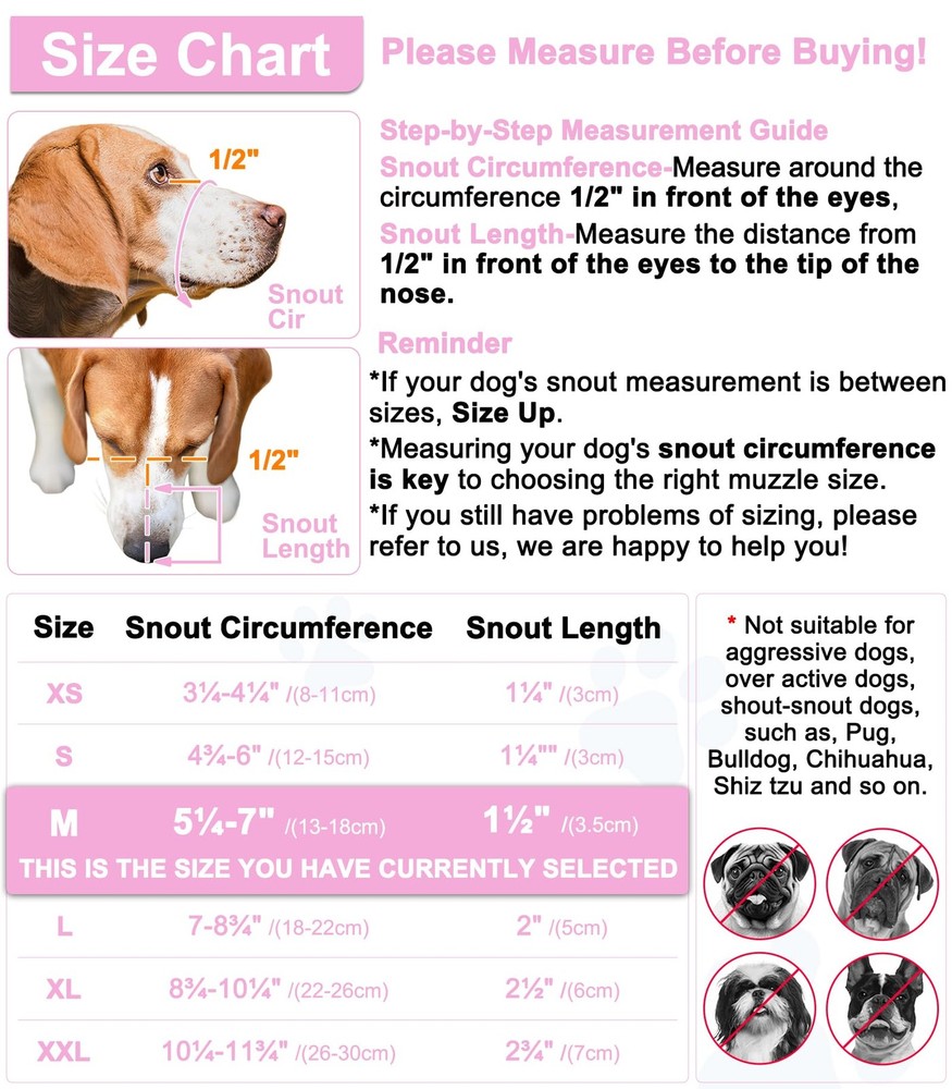 LUCKYPAW Dog Muzzle, Mesh Muzzle for Small Medium M(Snout: 5¼"-7"), Pink
