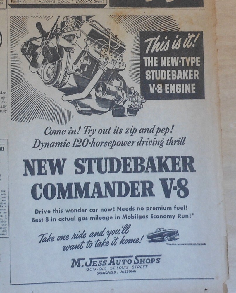 1951 newspaper ad for Studebaker - new type Studebaker V-8 engine illustrated