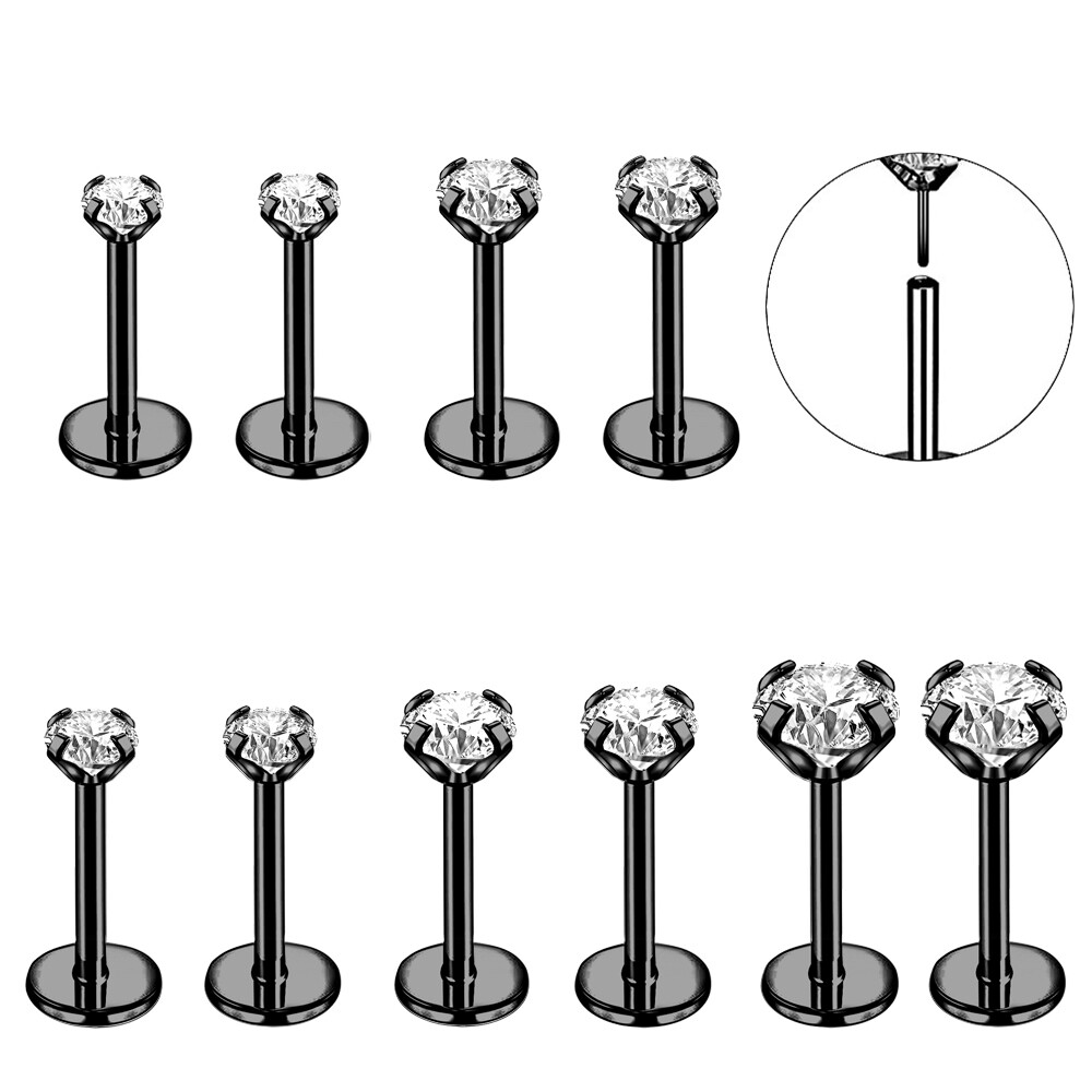 10Pcs/Set Stainless Steel Push in Lip Labret Stud CZ Monroe Helix Conch Piercing