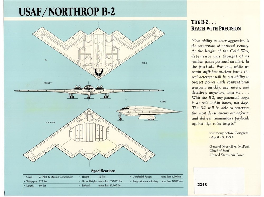 1993 USAF Northrop B-2 Bomber Named Crew Original Specifications Sheet