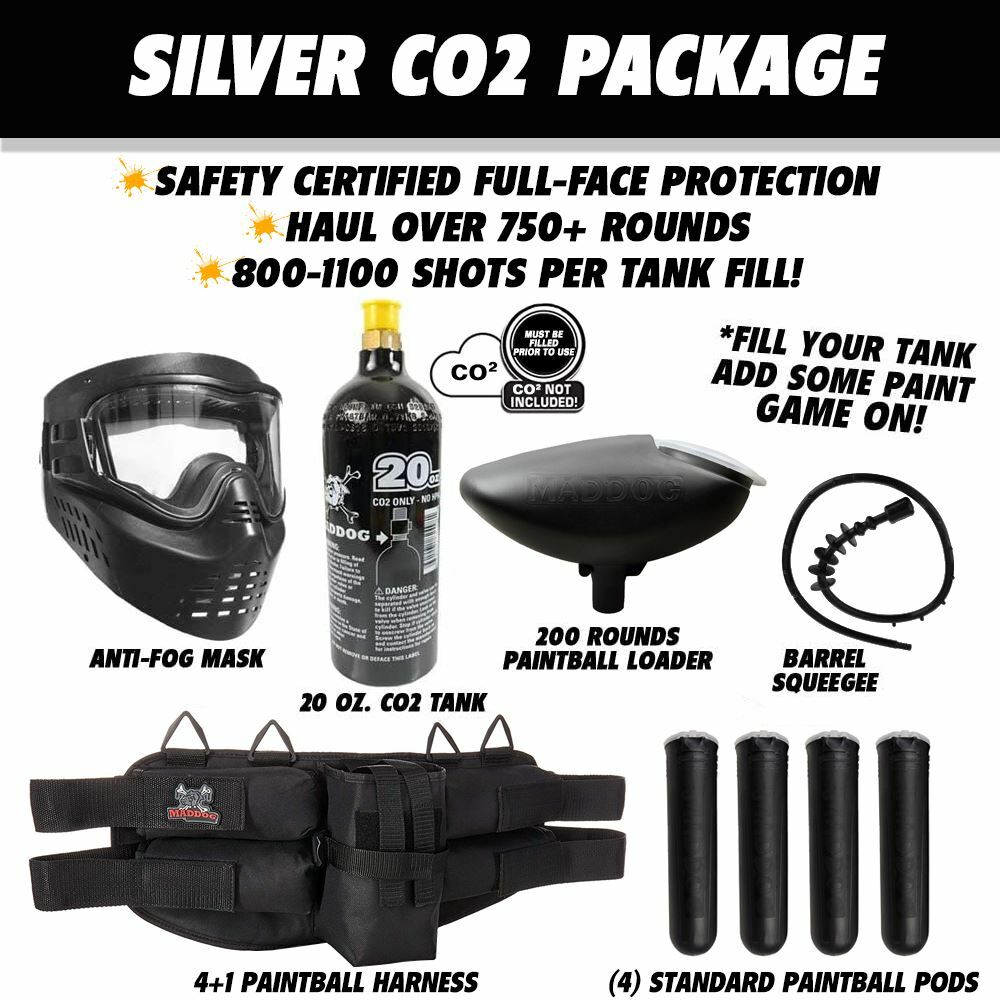 Maddog Tippmann Cronus Basic Silver CO2 Paintball Gun Starter Package Black Tan