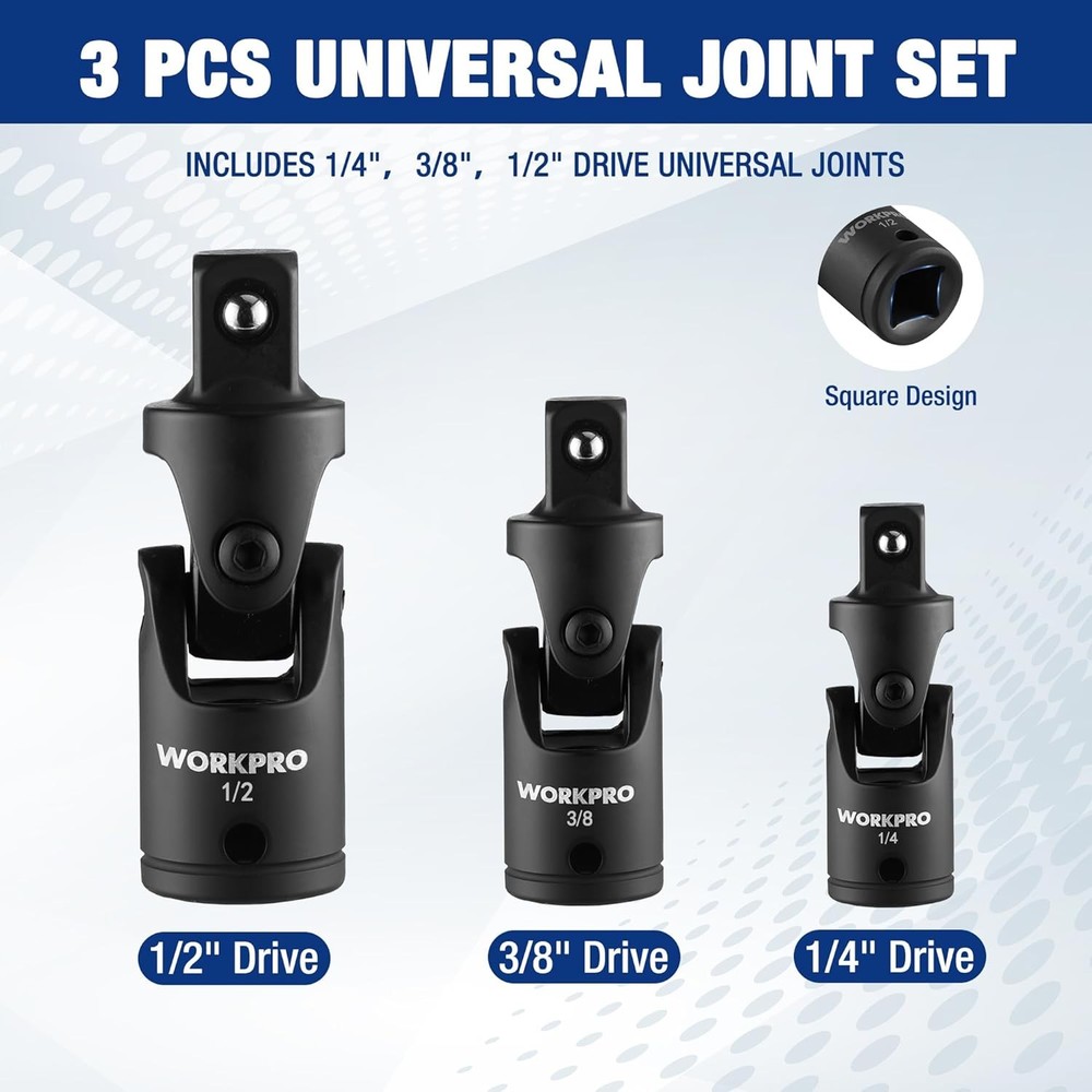 WORKPRO 3PC Universal Joint Socket Adapter Flexible U-Joint Set 1/4" 3/8" 1/2"Dr