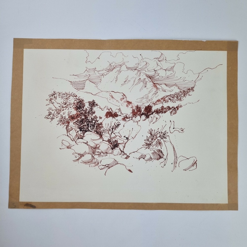 David Hutter Unsigned Ink Study Mountainous Landscape Studio Stamp