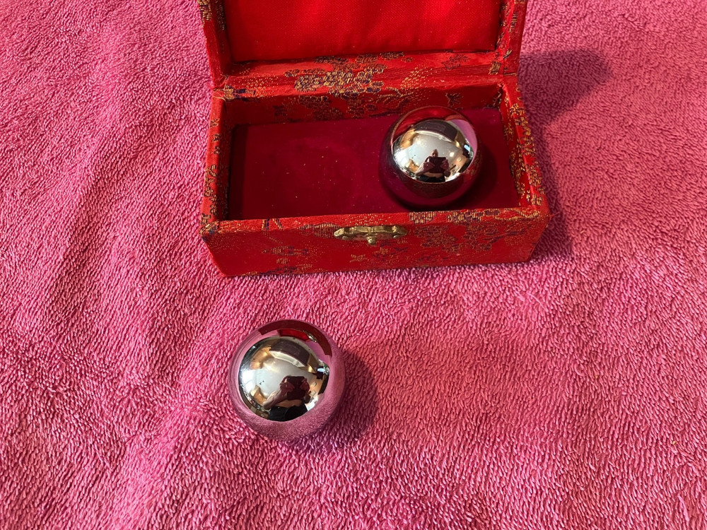 BAODING balls vintage in lined fabric case, heavy shiny metal, with chimes