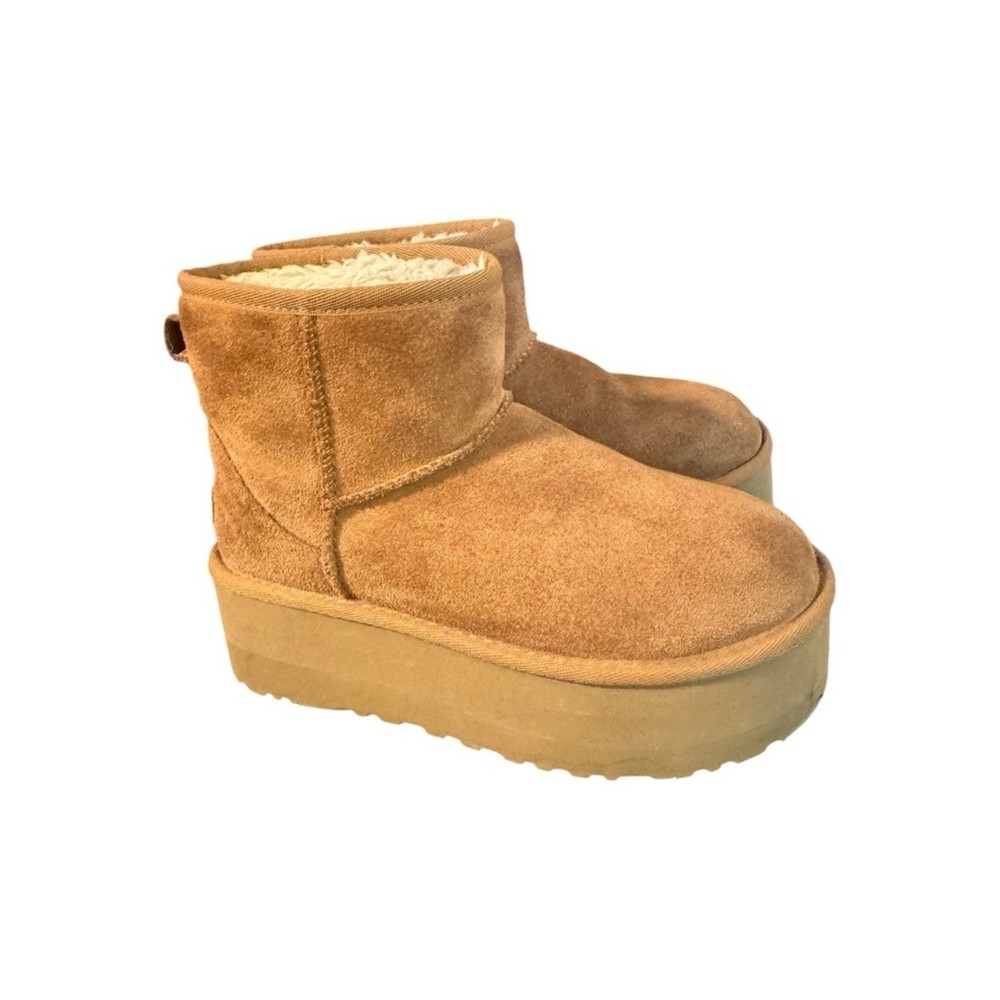 UGG Classic Mini Platform Boots Chestnut Size 5 Suede Shearling Lined