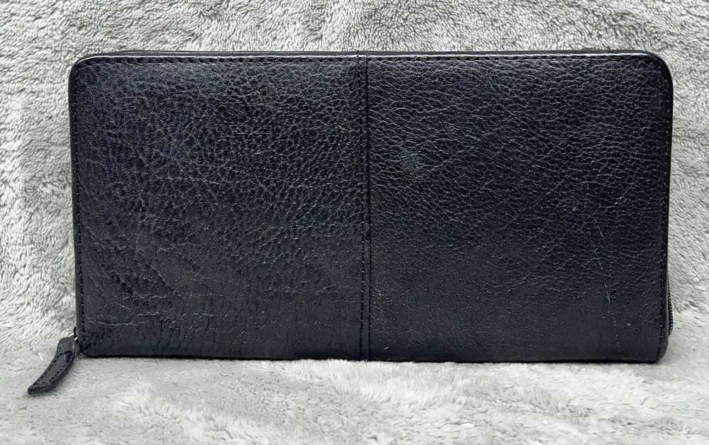 Black Leather Travel Wallet Organizer Zippered Document Holder