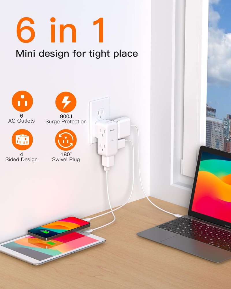Surge Protector Outlet Extender Rotating Plug 6 AC Wall Adapter Splitter