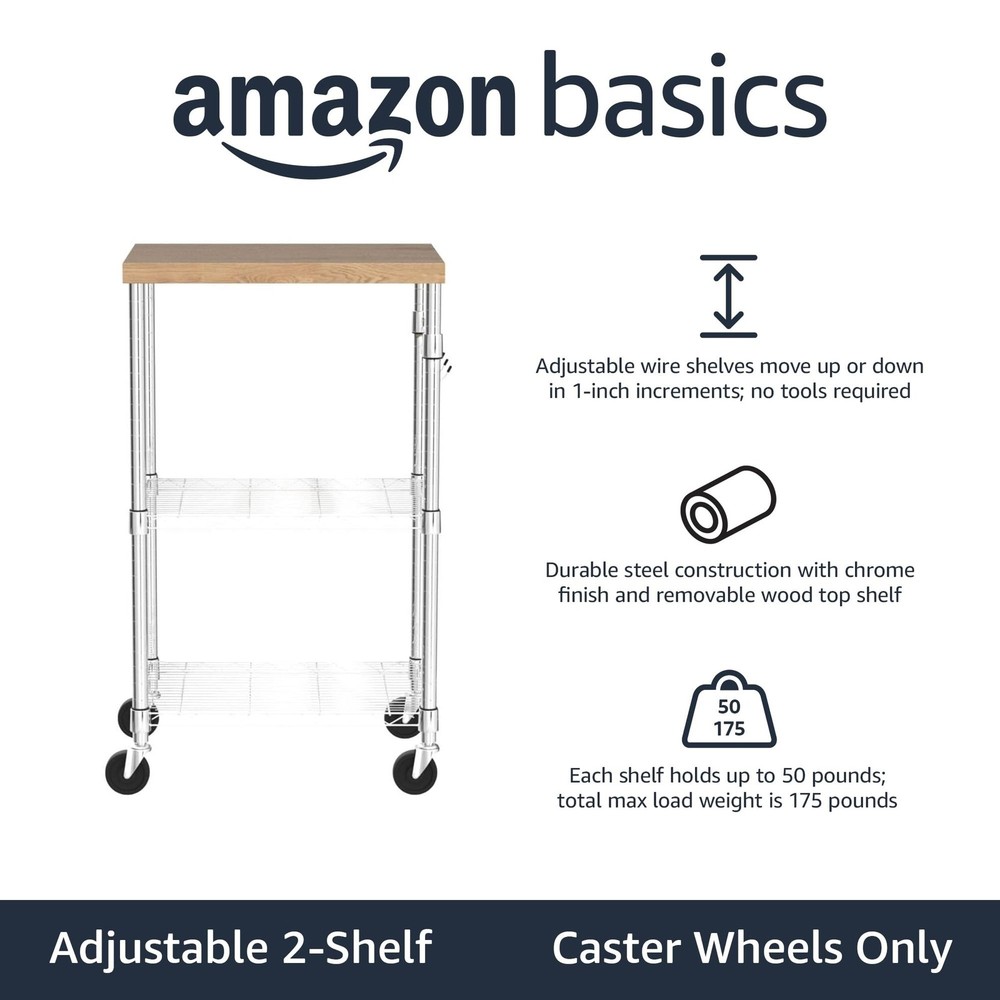 Amazon Basics Portable Kitchen 3-Tier Storage Rack on Caster Wheels with Adju...