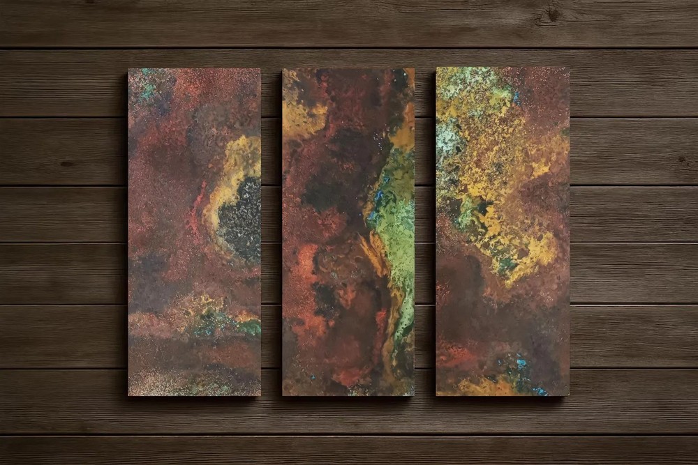 Real Copper Wall Art – 3 Panel Metal Artwork Modern Abstract Triptych –