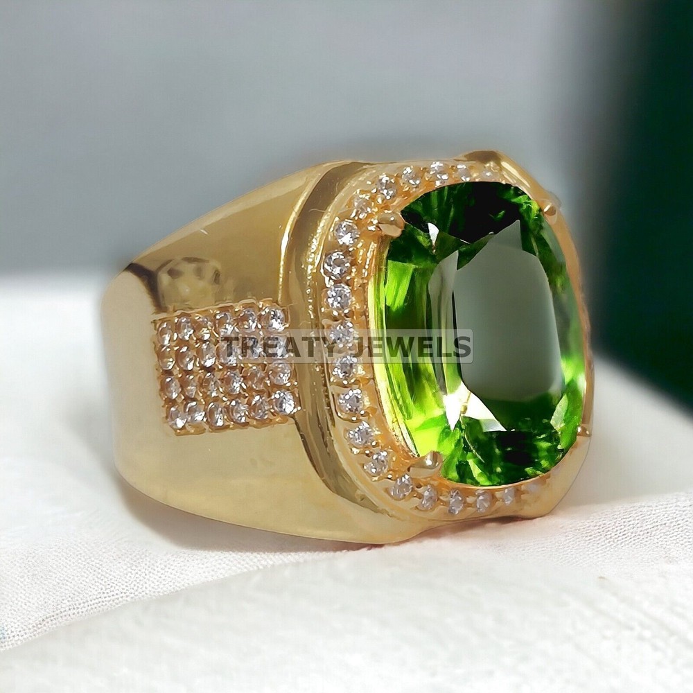 Peridot Cushion Cut With 14K Solid   Gold  Ring For Men's #884