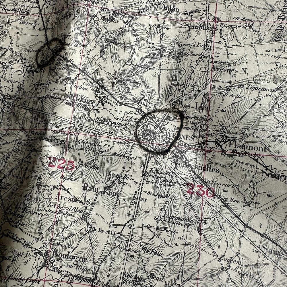 WWII Aviator Escape Fabric Map NE France W/ Checkpoints & Front Drawn