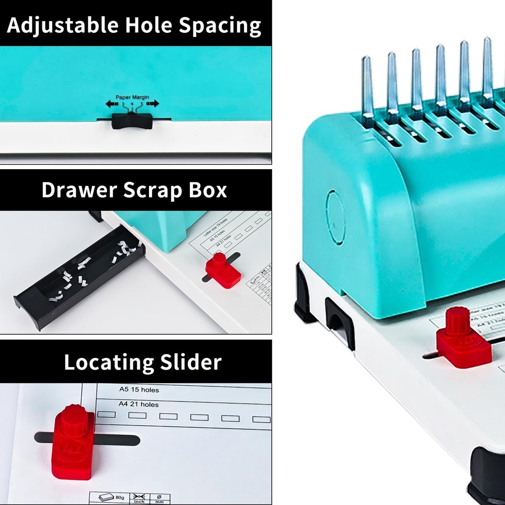 Comb Binding Machine, 21-Hole, 450 Sheets Capacity, Punch up to 15 Sheets,Pun...