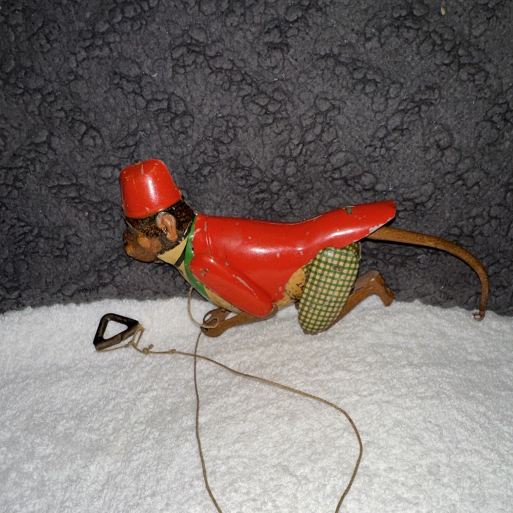 TOM Vintage Tin Monkey Pull Toy Red Jacket
