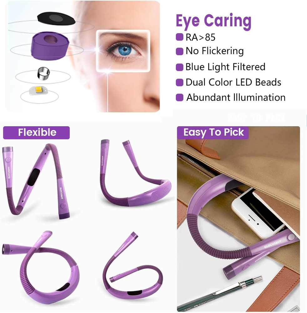 Book Light, 3-Color & 6-Brightness Reading Light, Bendable Neck Light, 80-Hr ...