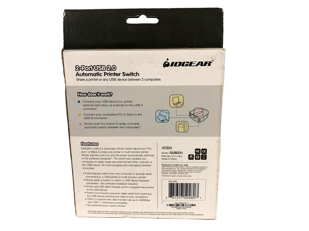 IOGear (GUB231) 2-Ports External USB 2.0 Automatic Printer Switch New