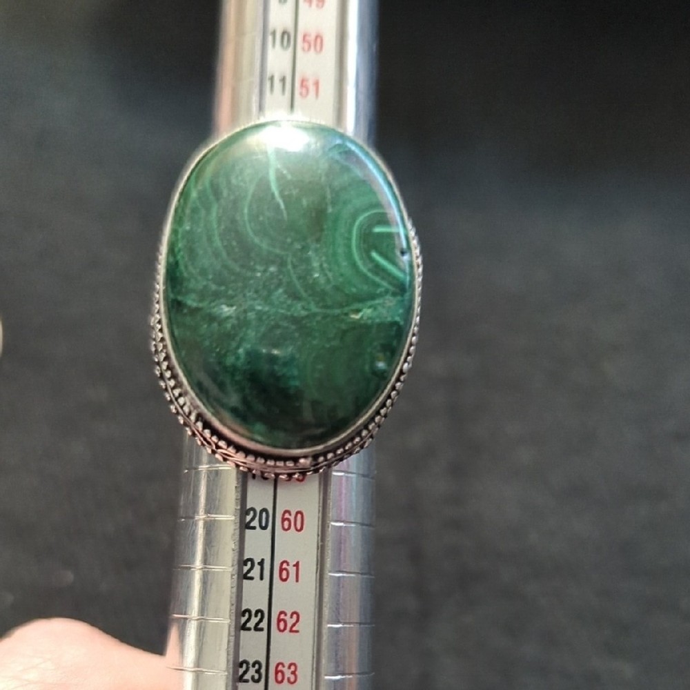 Silver Plated Green Malachite Gemstone Oval Chunky Oversized Statement Ring 7-9