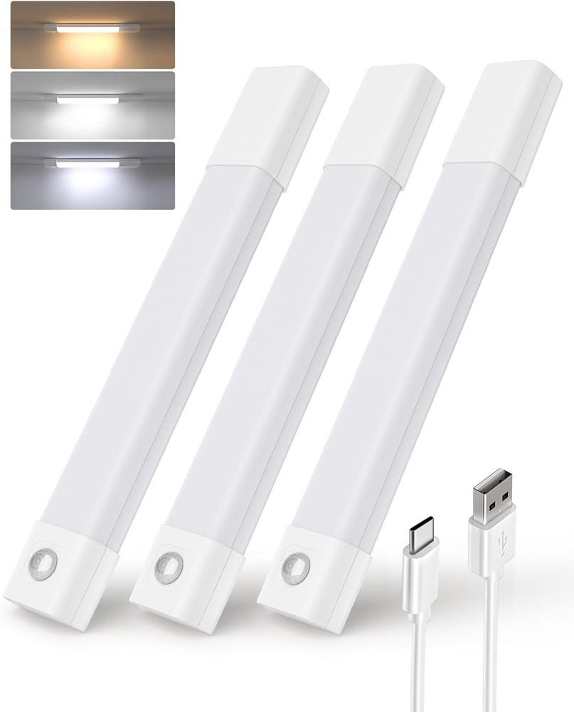 3-Pack LED Under Cabinet Lights, Rechargeable Motion Sensor, 3 Color Dimmable...