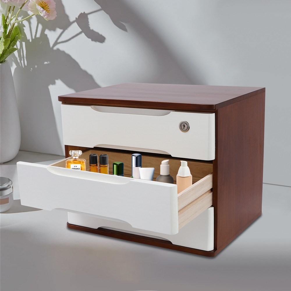 Wooden Desktop Storage Box Drawer Office Home Table Display Organizer with Lock
