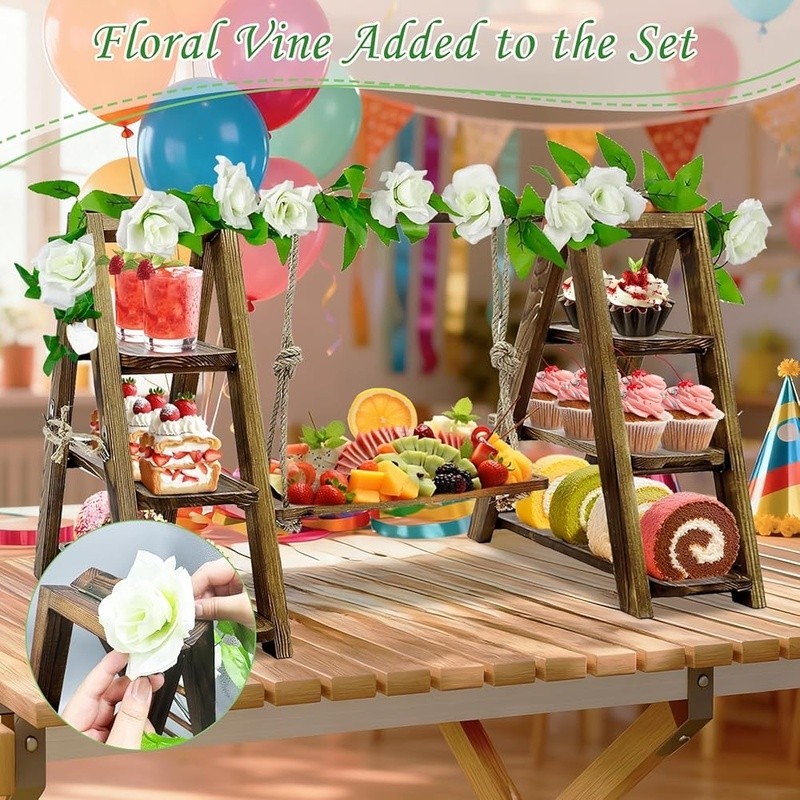 Foldable Solid Pine Dessert Stand Adjustable Ropes Events Catering Parties New