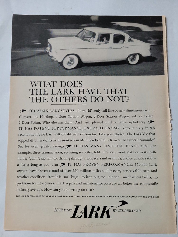 1960 Studebaker Lark car has others do not vintage  ad