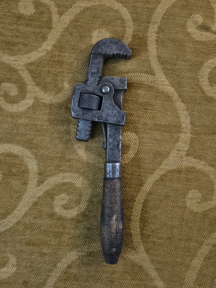 Vintage Stillson Pattern Adjustable Pipe Monkey Wrench USA Wood Handle