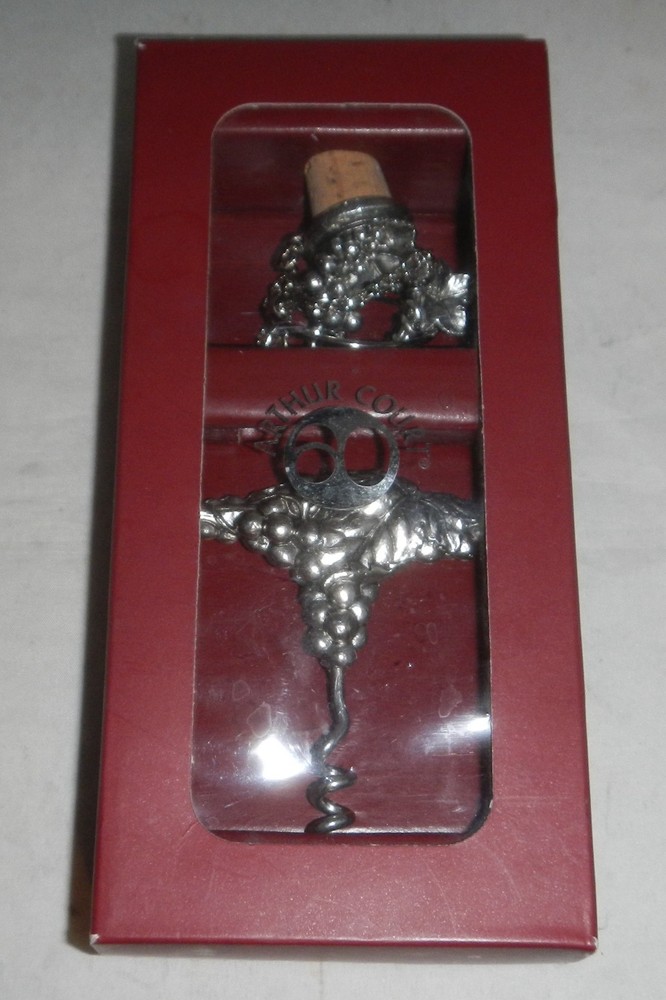 Arthur Court Silver Grape Leaves Pattern Wine Corkscrew & Bottle Stop Topper Set