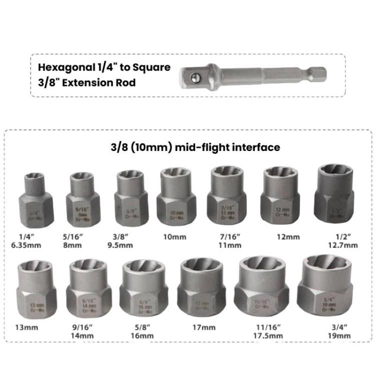 14-Piece Nut Extractor Set, Reverse-Thread Sockets for Bolt Removal, Multi-Size