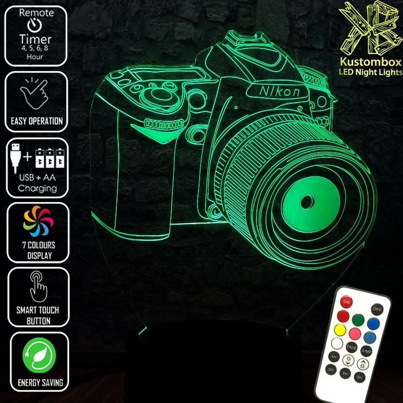 NIKON CAMERA SLR 3D LED BATTERY USB NIGHT LIGHT 7 COLOURS REMOTE CONTROL & TIMER