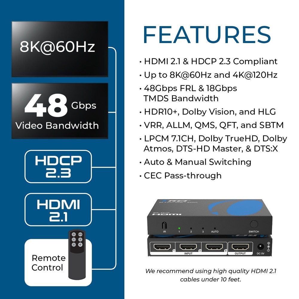 OREI 8K 3-port HDMI™ Switch (BK-301P)