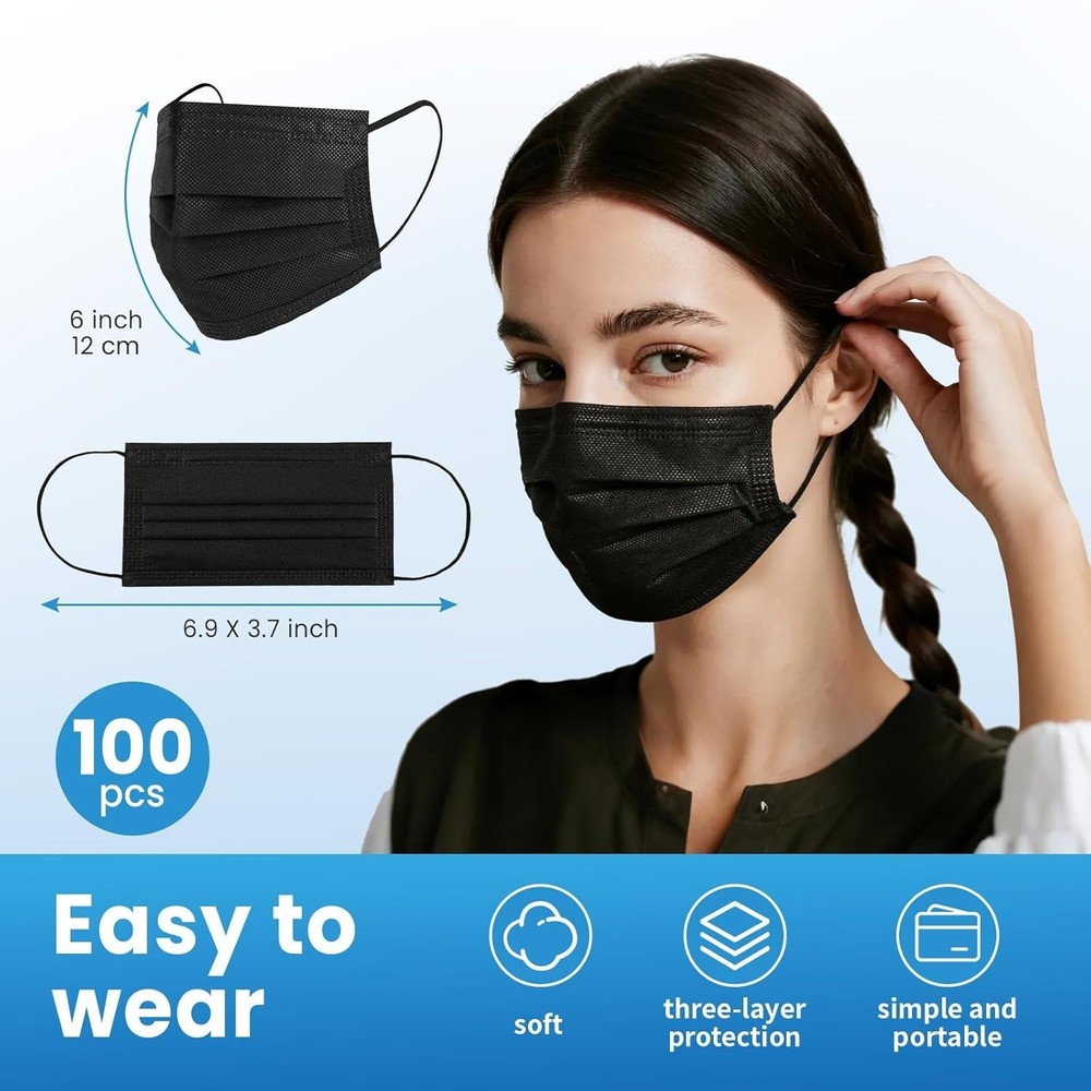 Disposable Face Mask 100 PCS Black 3 Ply
