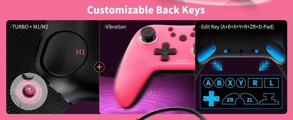 Wireless Controller for PC Switch/Android w/Dual Vibrations/Back Buttons (Pink)