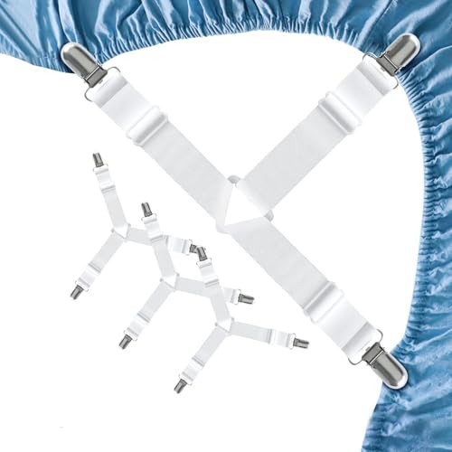 4 PCS Bed Sheet Straps – Adjustable Corner Clips to Keep 4 Pcs (Triangle) White