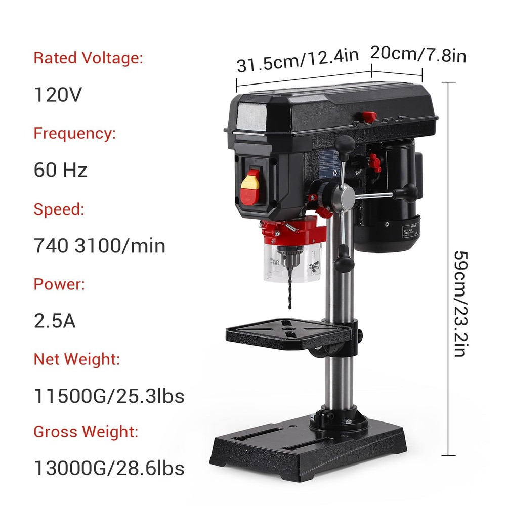 8 Inch Benchtop Drill Press,2.5A Motor & 5-Speed Adjustable,0-45° Tiltable Table