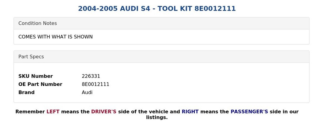 2004-2005 AUDI S4 - TOOL KIT 8E0012111