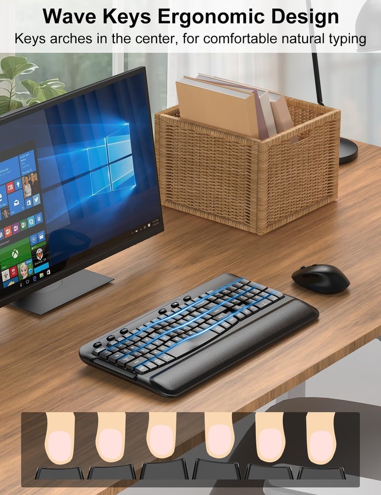 Ergonomic Wireless Keyboard and Mouse Combo, Wave Keys, Full Size Silent Keyb...