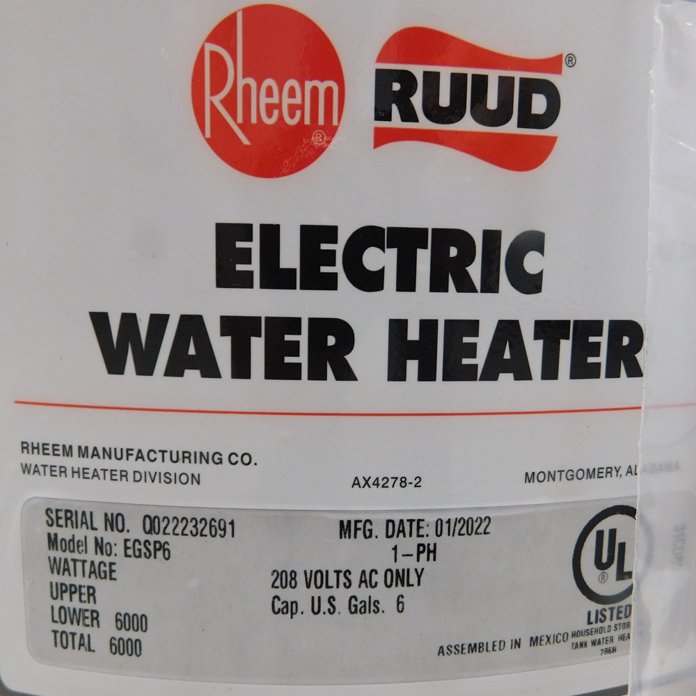 AS/IS NEW Rheem EGSP6 6-Gallon Electric Water Heater 2kW 15.75"D x 15.125"H