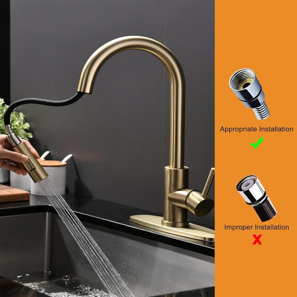 Brushed Gold Kitchen Faucet Sink Pull down Sprayer Tap Head Replacement Part