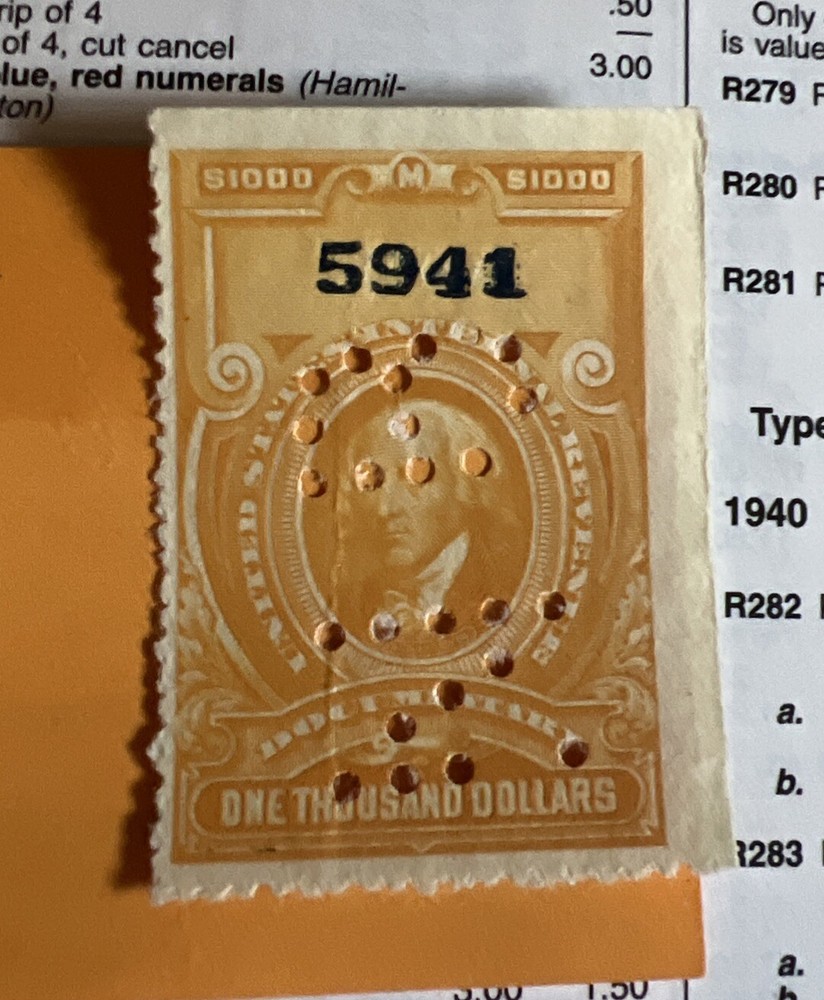R250 R19 1917 $1000.00 Documentary Stamp w Perfin Initials NB Clean Nice