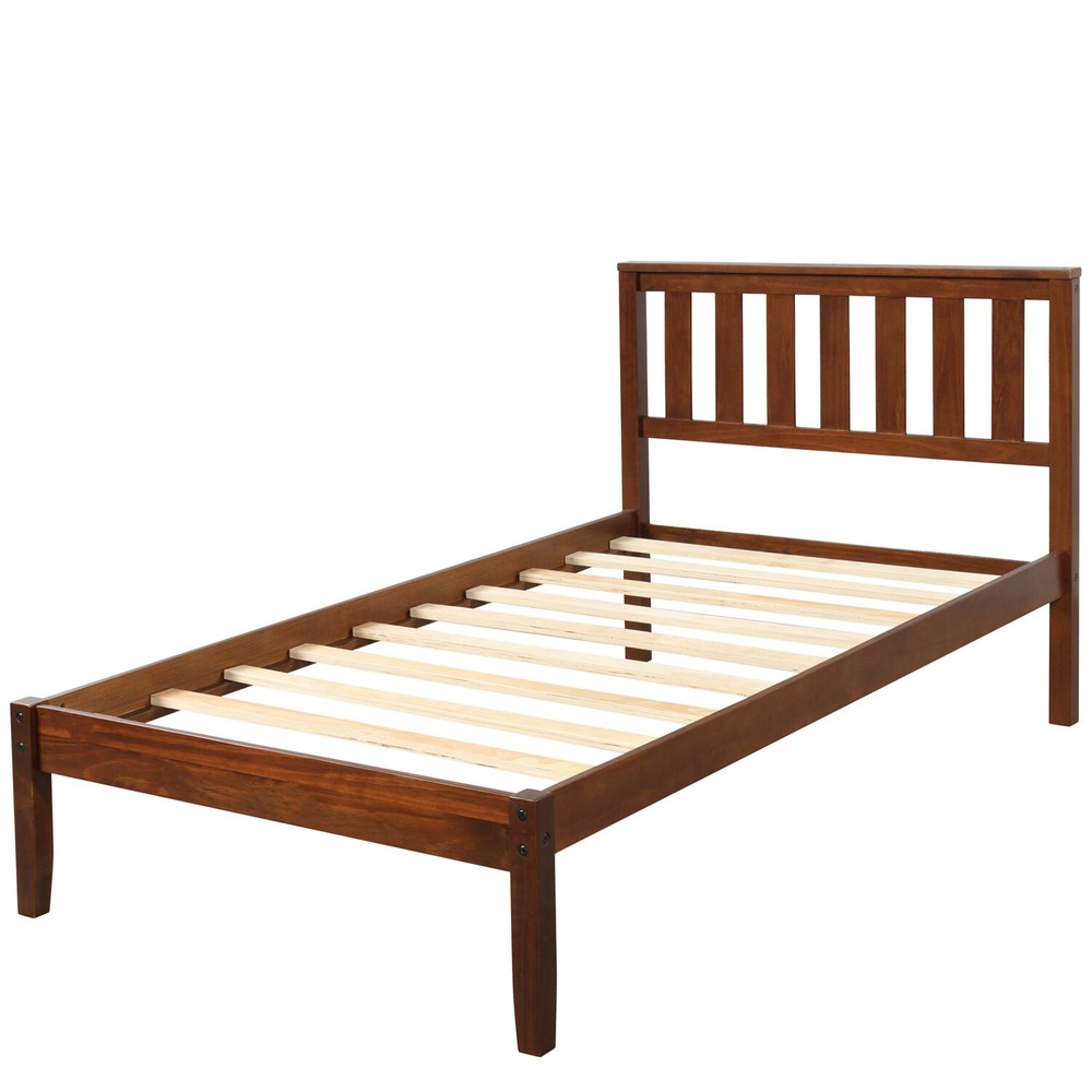 Twin Size Bed Frame Wood Platform Bed Frame w/ Wood Headboard Walnut/Espresso