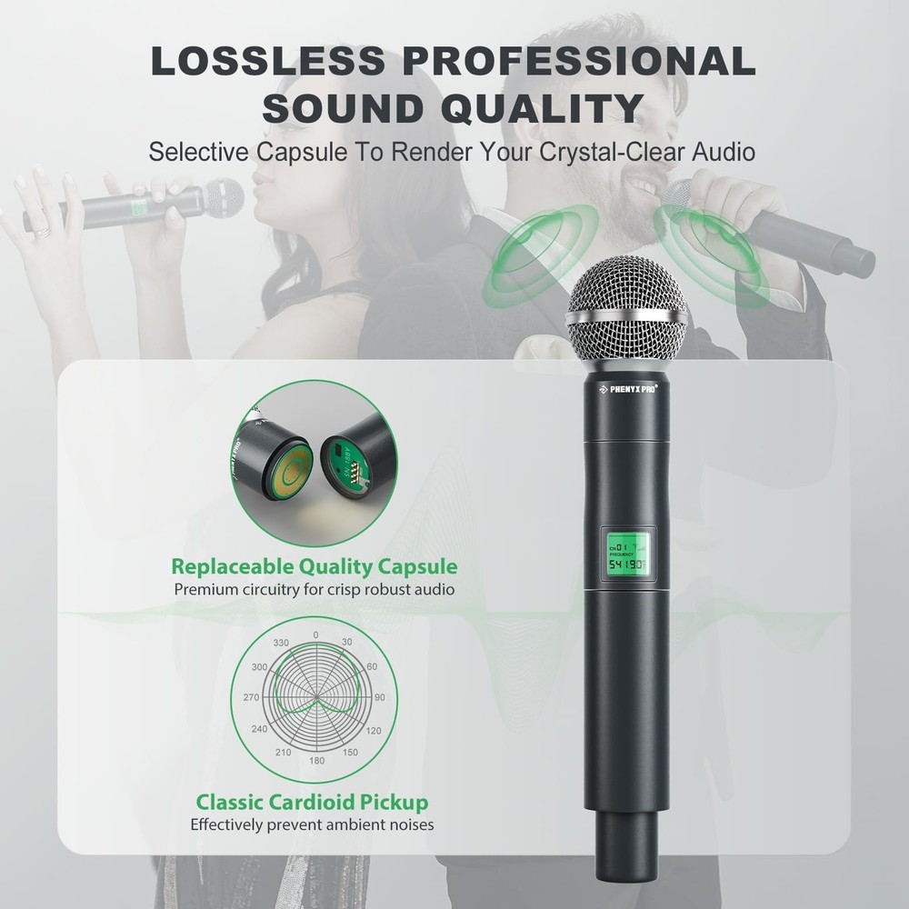 Phenyx Pro Wireless Microphone System, 4-Channel UHF Wireless Mic, Fixed Freq...