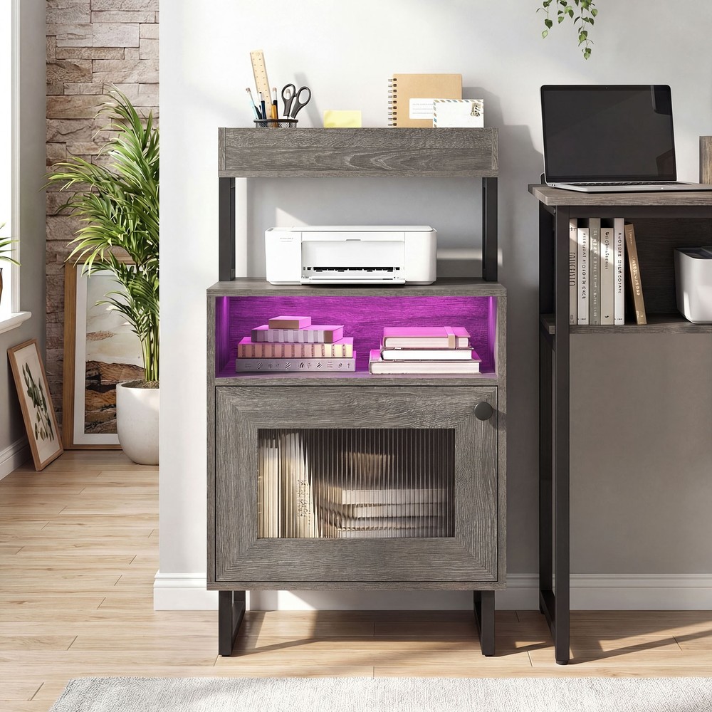 Nightstand with LED Lights, Modern End Table with Top Tray, Open Compartment
