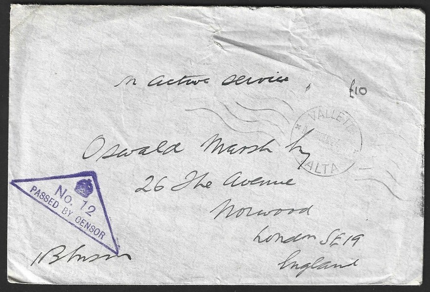 Malta WW2 On Active Service cover with triangular "No.12/PASSED BY CENSOR"