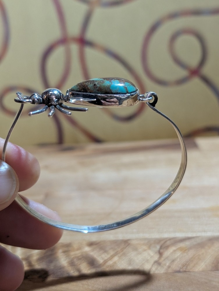 Native American Spider Spiderweb Turquoise Sterling Silver Bangle Bracelet